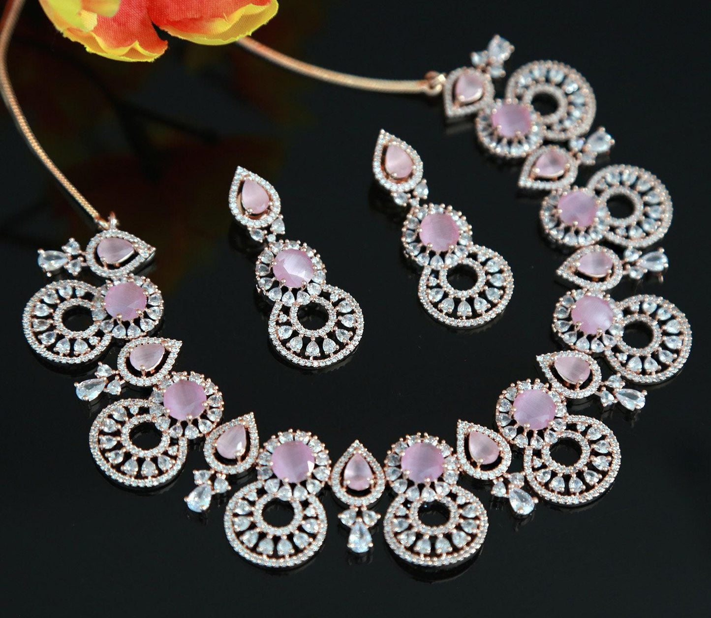 Rose gold american diamond mint green necklace | ad bridal choker earring set baby pink stones | pear shape cz stone jewelry indian designs