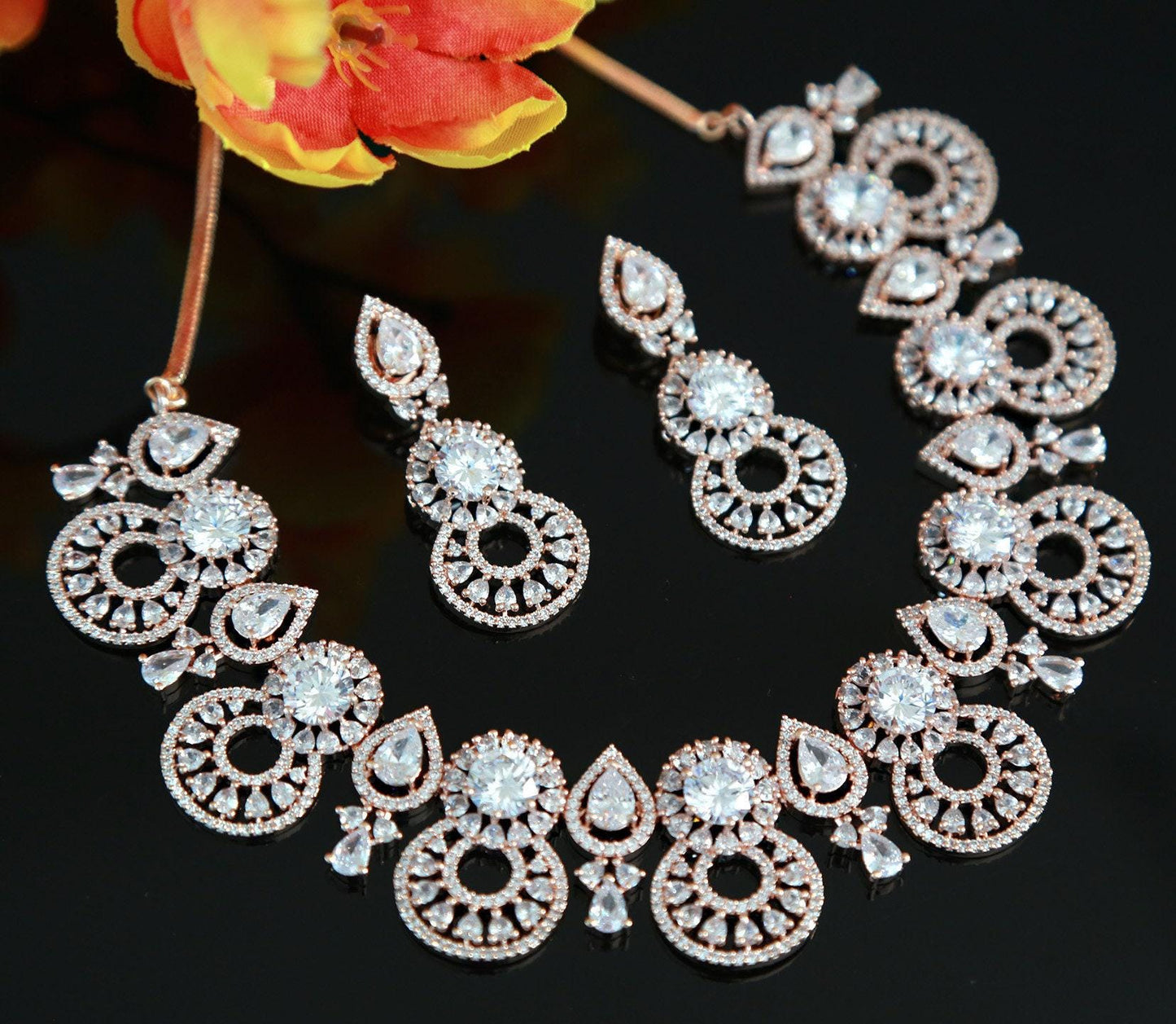 Rose gold american diamond mint green necklace | ad bridal choker earring set baby pink stones | pear shape cz stone jewelry indian designs