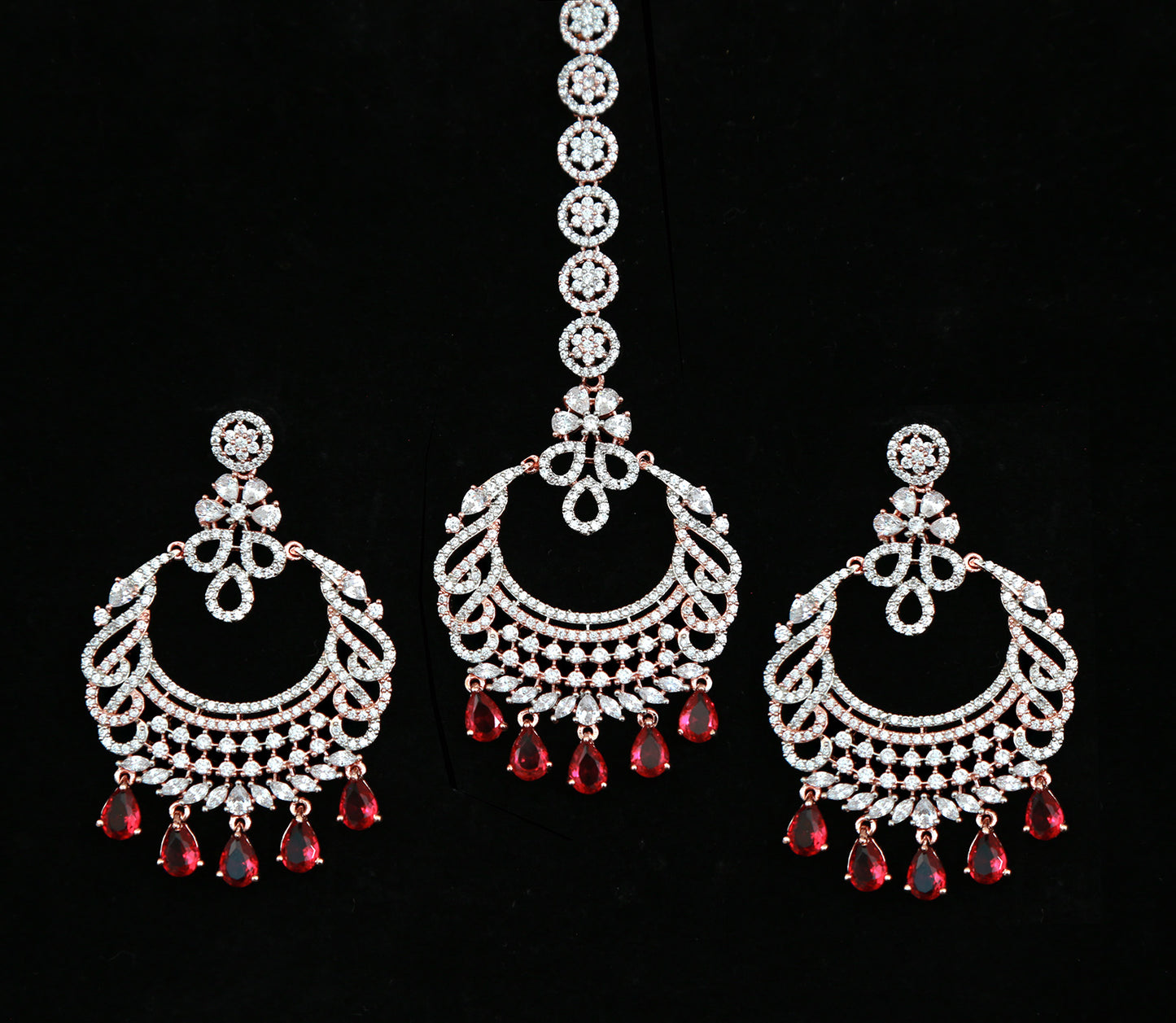 Rose Gold American Diamond Earrings Tikka set | Indian Wedding Earrings | Punjabi-Pakistani Bridal Earring Tikka set