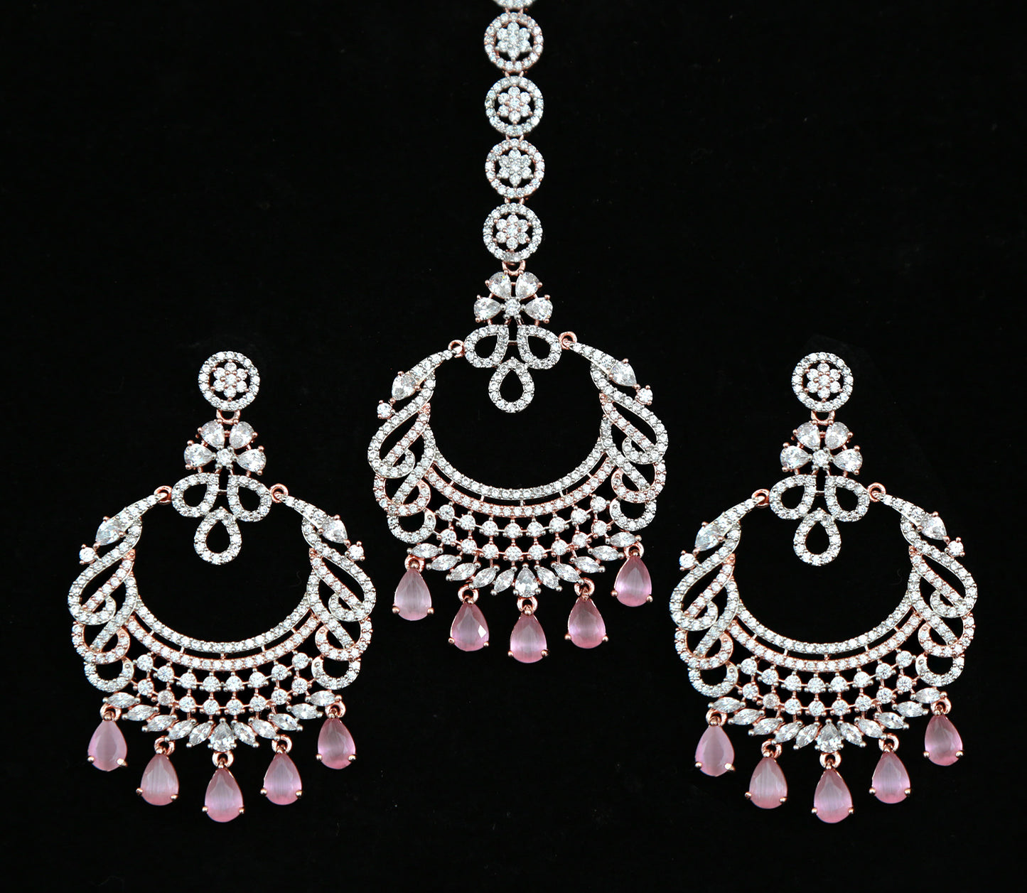 Rose Gold American Diamond Earrings Tikka set | Indian Wedding Earrings | Punjabi-Pakistani Bridal Earring Tikka set