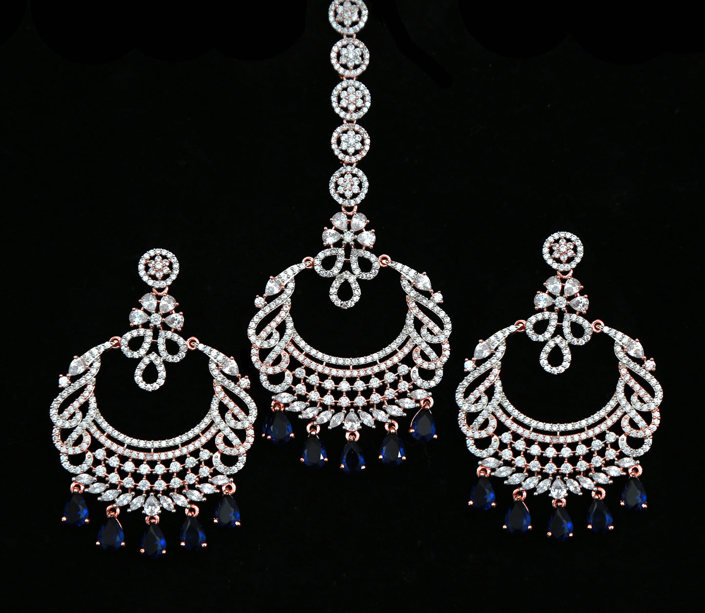 Rose Gold American Diamond Earrings Tikka set | Indian Wedding Earrings | Punjabi-Pakistani Bridal Earring Tikka set