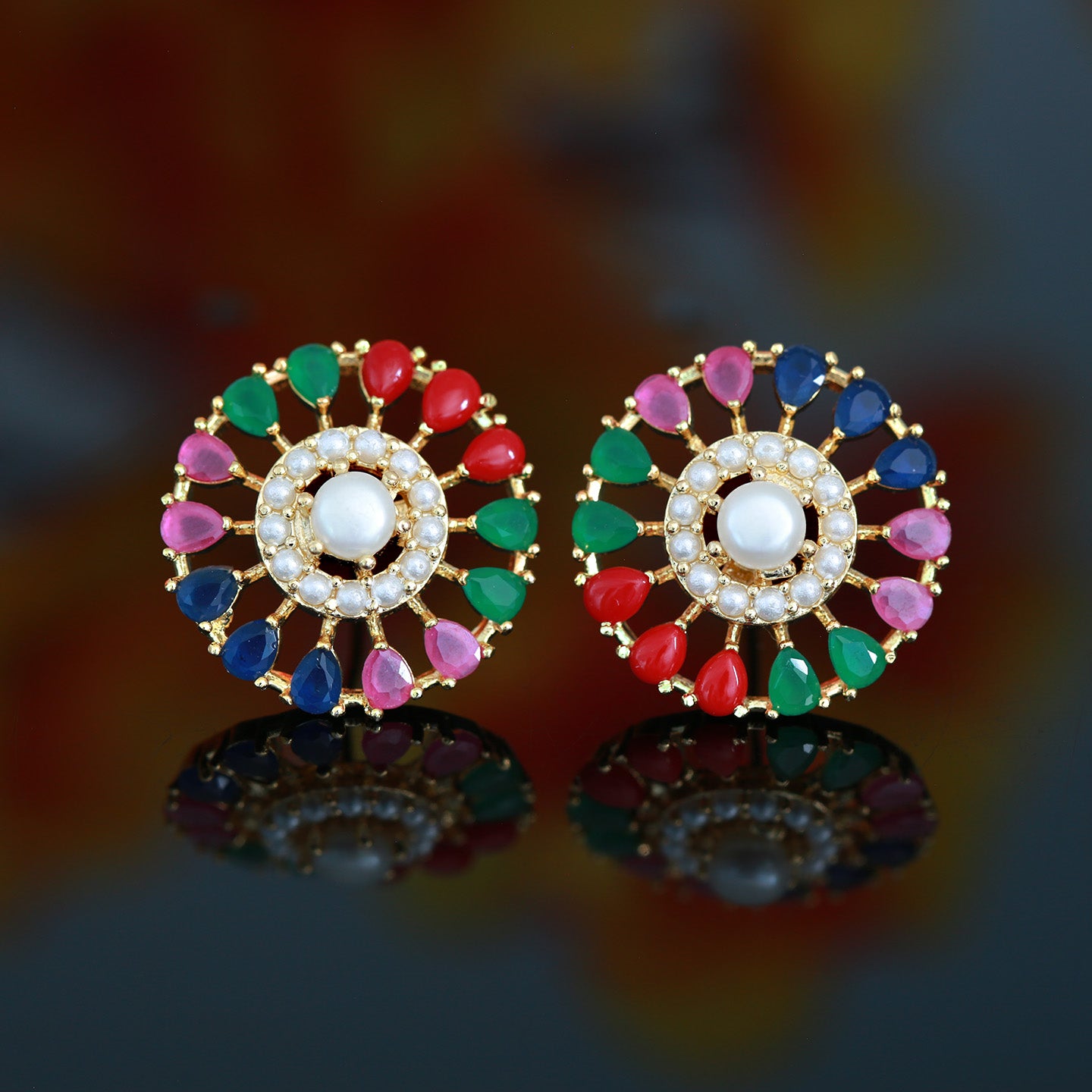 Multi-Color CZ Stone Real Pearl Stud Earrings 18K Gold Plated | American diamond Pearl Earrings tops |Trendy Stud earrings |Wedding Earrings