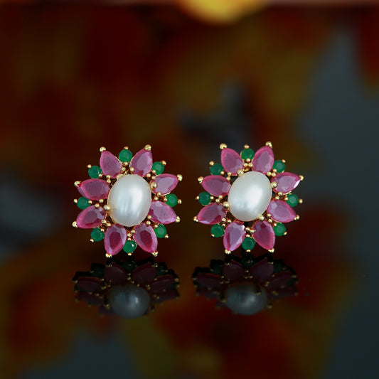 Genune Pearl and CZ Earrings | Real pearl American diamond Ruby and emerald Premium Stud Earrings | Wedding Earrings | Bridesmaid gift | Trendy Stud earrings