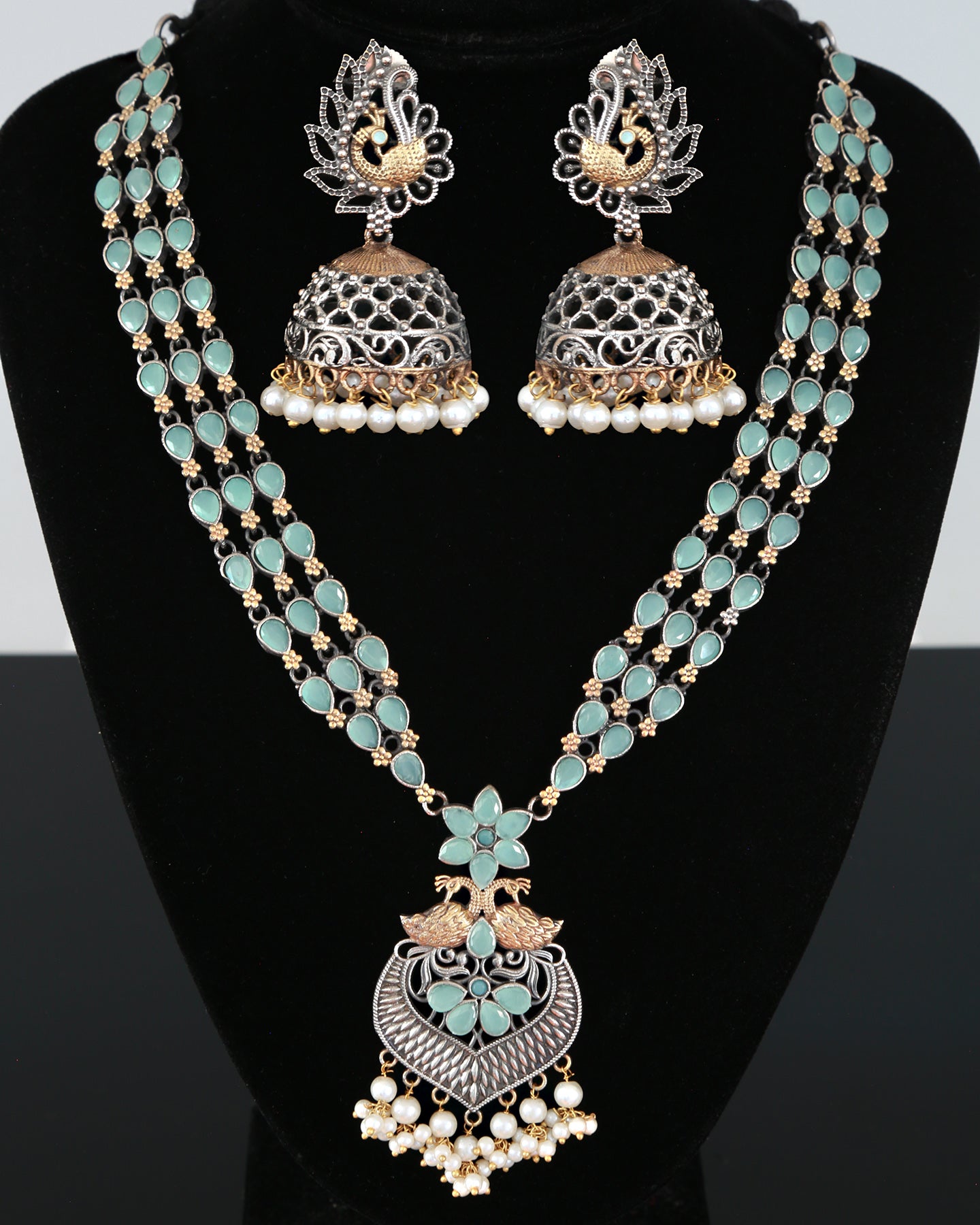 Dual tone German Silver Necklace Earring set | Antique Gold and Oxidized Silver look Color stone Necklace and Jhumka Earrings | Indian Saree jewelry