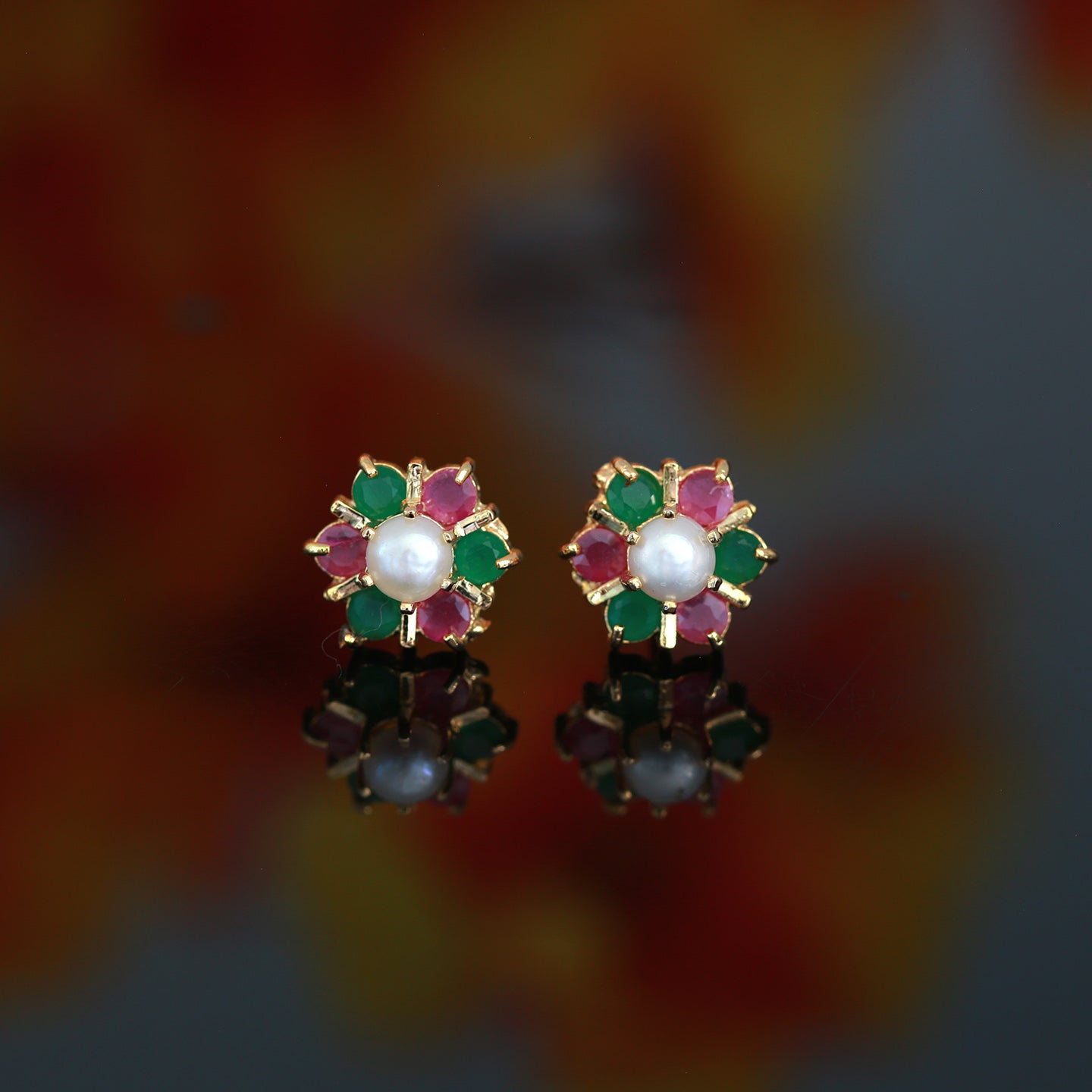 Small Multicolor CZ Stones Pearl stud Earrings | 18K Gold CZ American Diamond Pear cut crystal flower Stud Earrings for Women | Gift for her