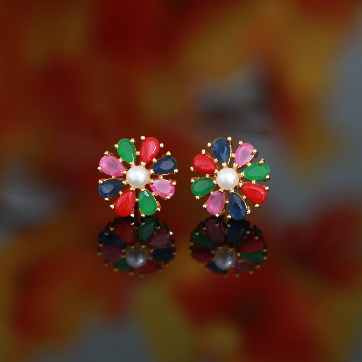 Multicolor CZ Stones Pearl stud Earrings | 18K Gold CZ American Diamond Pear cut crystal flower Stud Earrings for Women | Gift for her