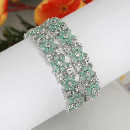 Pair of 2.6 Size Silver Mint green stone Floral design Bangles | American Diamond CZ stone Bangles | Indian Bollywood bangles |Gift for her