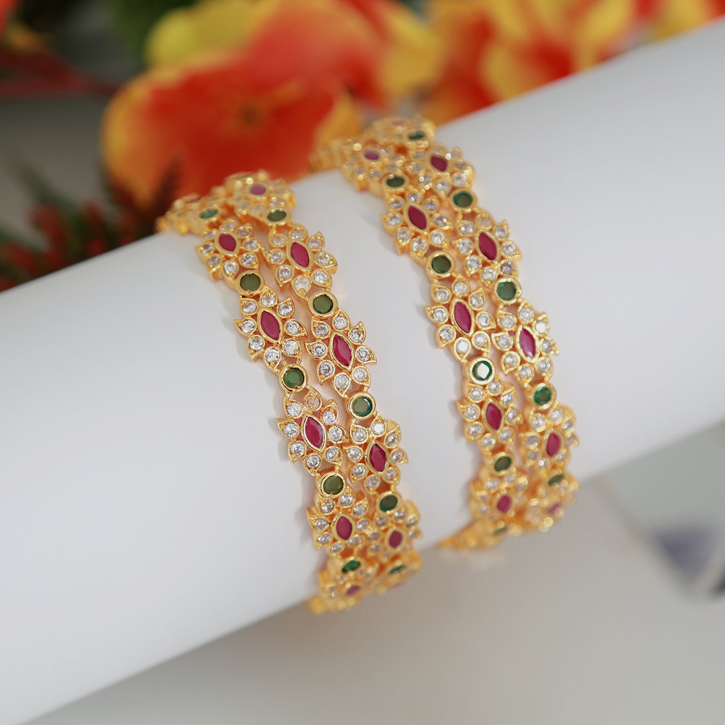 22k Gold tone American Diamond CZ Floral bangles-set of 4 | Ruby Emerald white stone Floral Design Indian Bollywood style Party wear Bangles