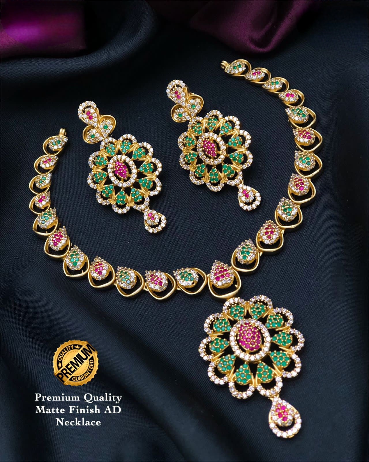 Antique Gold Matte polish American Diamond choker necklace Earring set | South Indian Style Ruby and Emerald Flower Design Wedding Jewelry