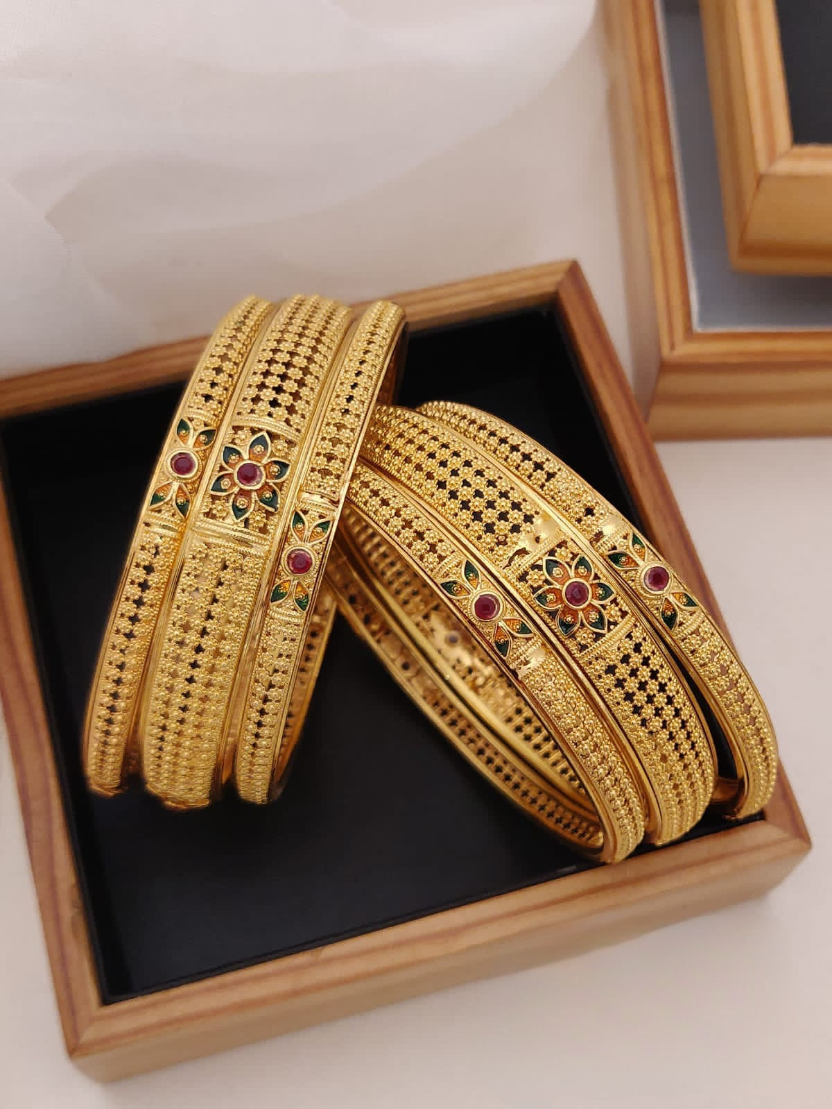 Floral design 22k matte finish gold plated 6 pcs. bangles, 1gm gold bangles, Latest design Fashion set bangles, Indian traditional bangle set, Bangle Bracelets