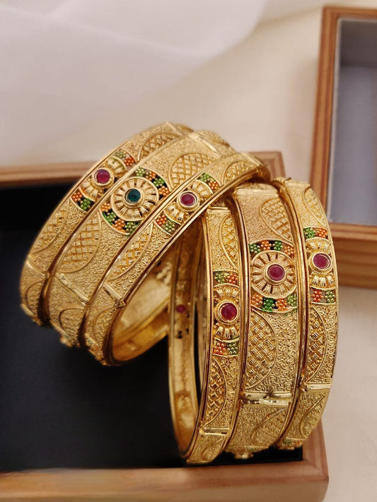 Matte Finish Ruby Emerald Floral design 22k gold plated 6 pcs. bangles, 1gm gold bangles, Latest design Fashion set bangles, Indian traditional bangle set, Bangle Bracelets