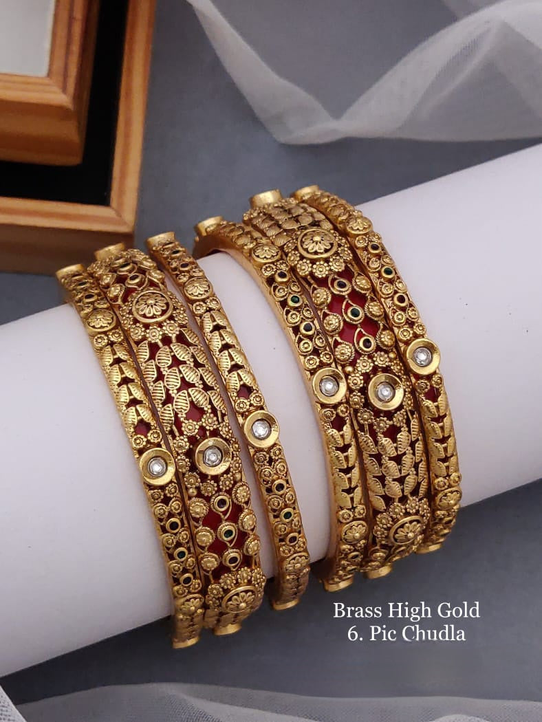Floral design 22k matte finish gold plated 6 pcs. bangles, 1gm gold bangles, Latest design Fashion set bangles, Indian traditional bangle set, Bangle Bracelets