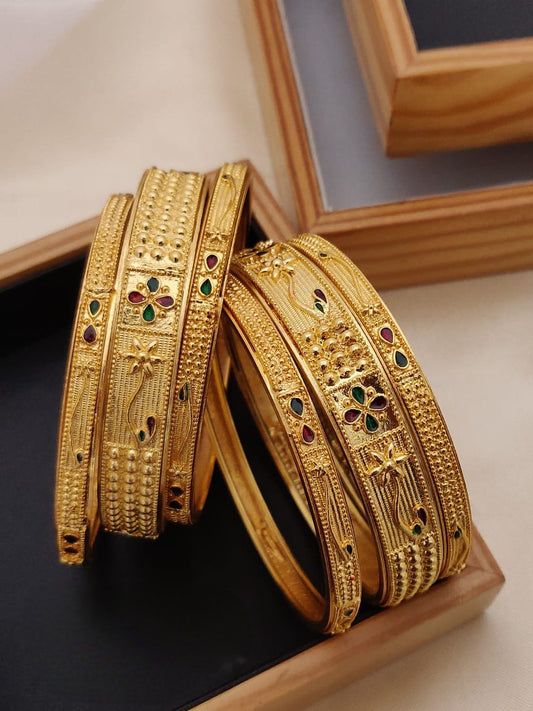 Ruby Emerald Floral design 22k gold plated 6 pcs. bangles, 1gm gold bangles, Latest design Fashion set bangles, Indian traditional bangle set, Bangle Bracelets