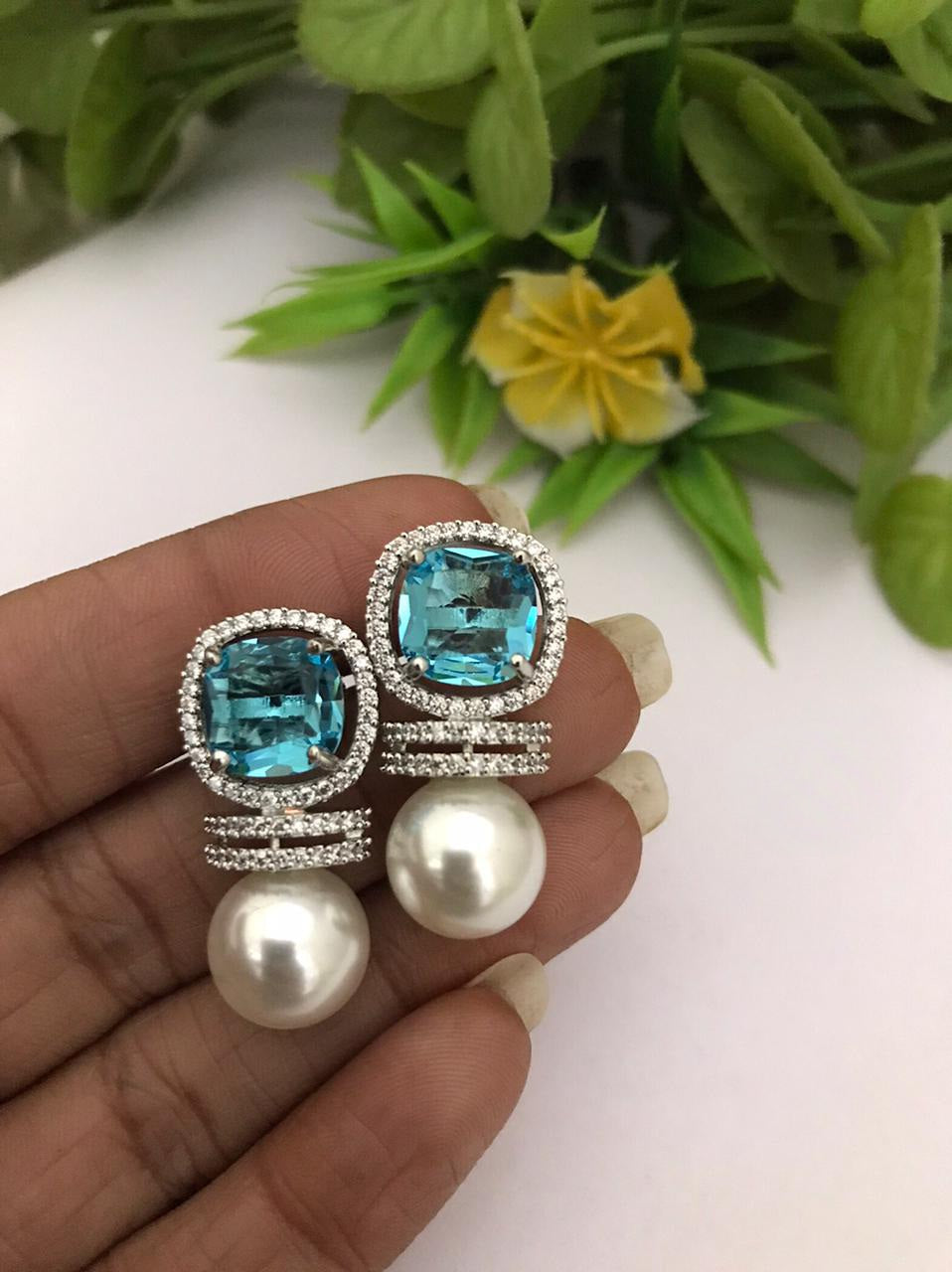 Dainty Genuine Pearl Silver stud Earrings with sky blue American Diamond Cz stone, Genuine Pearl Bridal stud Earrings, Cute Bridesmaid Earrings,Gift for her