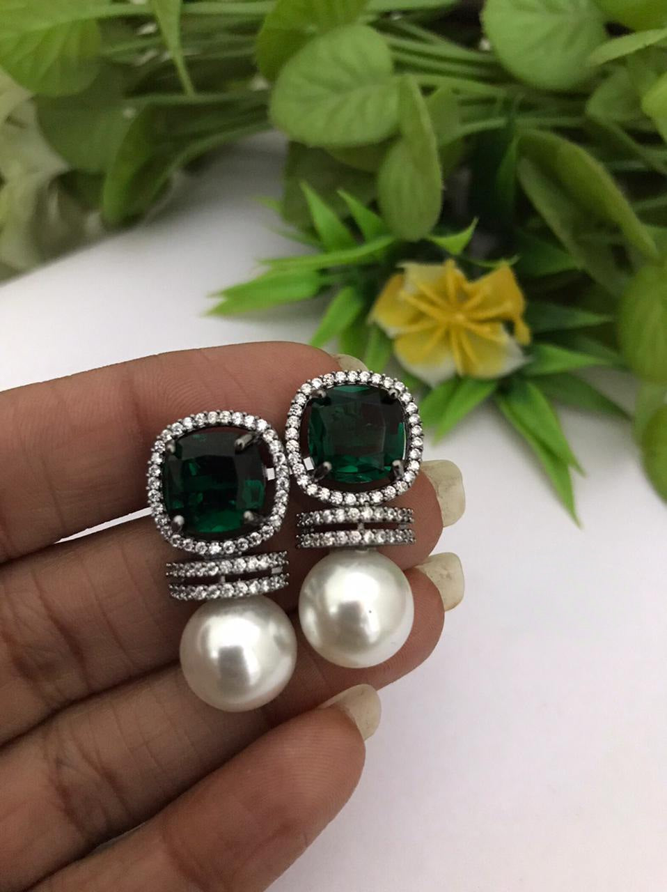 Oxidized Silver finish Real pearl stud Earrings with Green Cz stones, American Diamond Wedding bridal Stud Earrings with Fresh water pearl