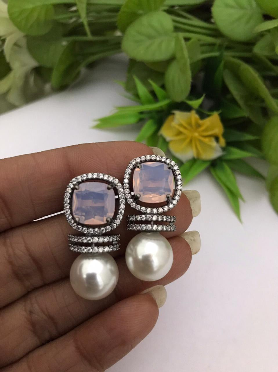 Silver Pearl Wedding stud Earrings with CZ Light Pink stones, Pearl Bridal stud Earrings, Crystal Wedding bridal statement Earrings,Available in silver Black polish also