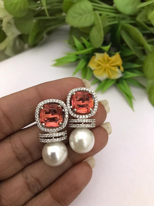 Silver Pearl Bridal stud Earrings, Cz Coral Pink American Diamond Wedding earrings, Genuine pearl stud Earrings, Gift for her