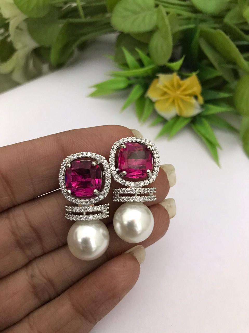 Silver Pearl Bridal stud Earrings, Pink CZ Fresh water Pearl Wedding Earrings, American Diamond Earrings, Gift for her