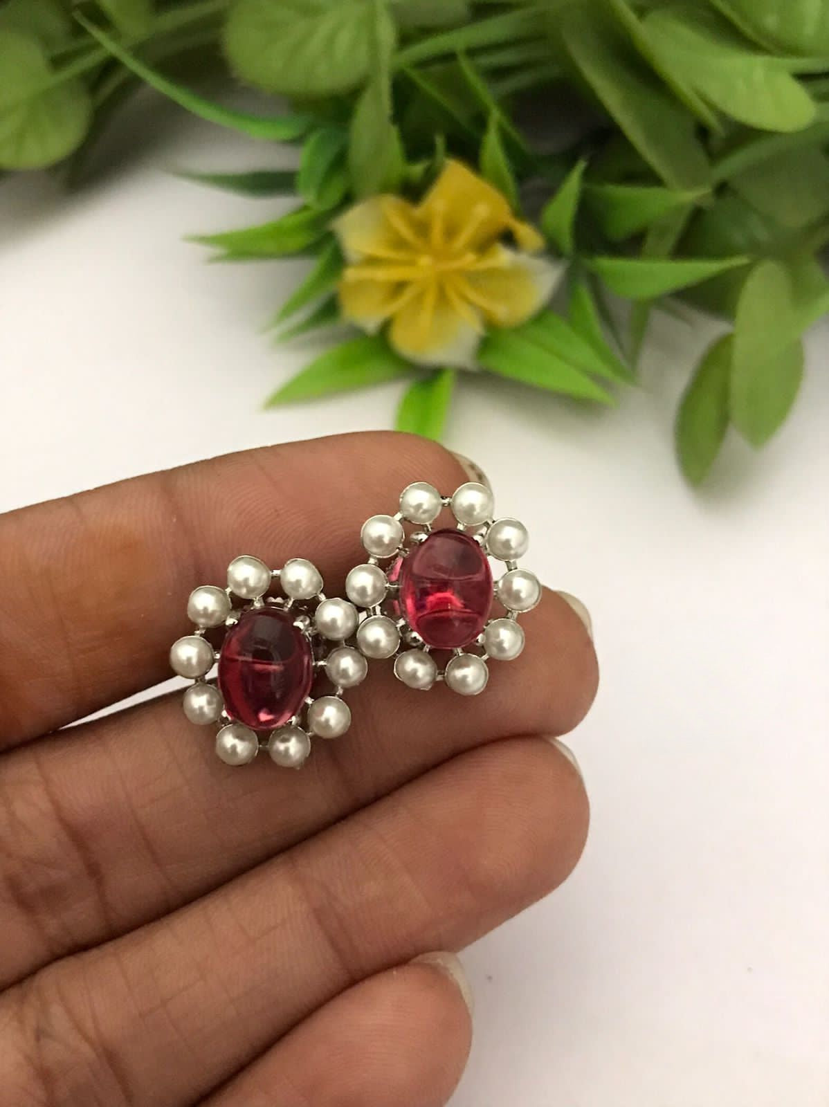 Rhodium Tone Silver Finish Oval shape gorgeous Pink Quartz Stud Earrings | Light Stud Earrings | Pink stone Wedding Pearl Earrings