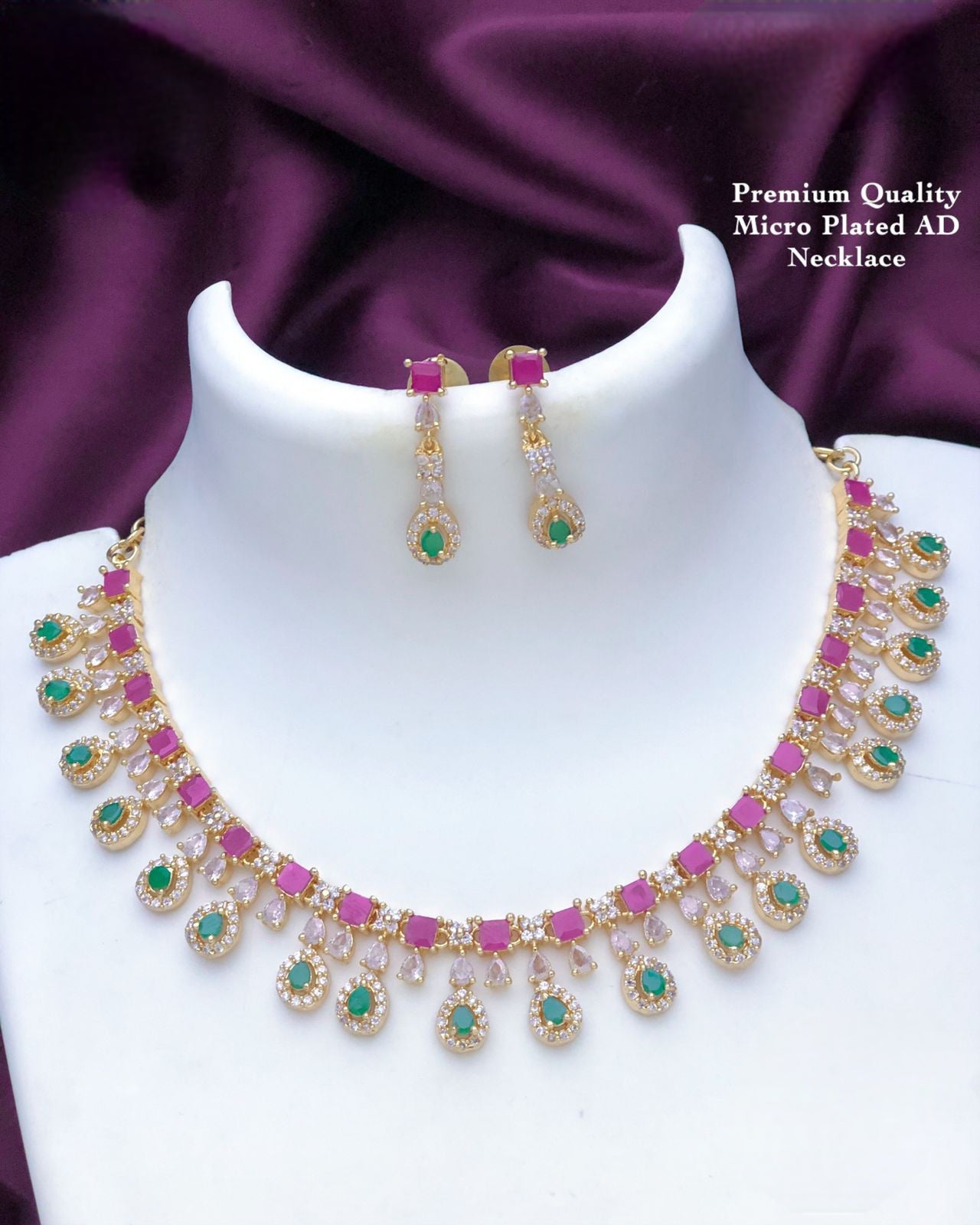 Mothers Day Gift For her|American Diamond Ruby emerald Teardrop necklace|South Indian style CZ AD diamond choker Necklace|Statement Necklace