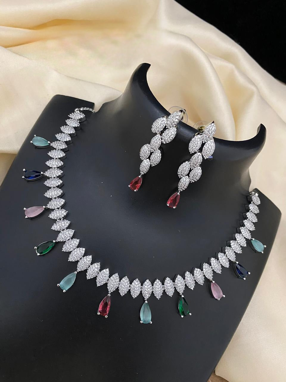 White Gold Plated American Diamond Silver necklace, Blue stone Wedding choker CZ Diamond Indian jewelry, Bollywood fashion necklace