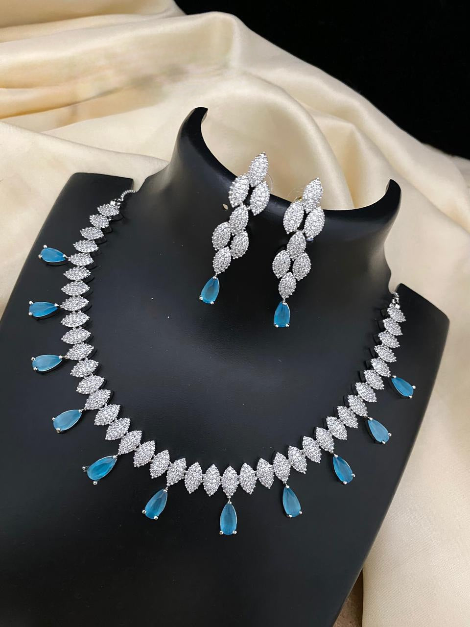 White Gold Plated American Diamond Silver necklace, Blue stone Wedding choker CZ Diamond Indian jewelry, Bollywood fashion necklace