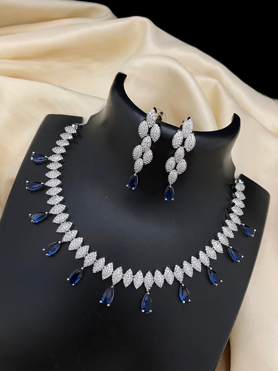 White Gold Plated American Diamond Silver necklace, Blue stone Wedding choker CZ Diamond Indian jewelry, Bollywood fashion necklace