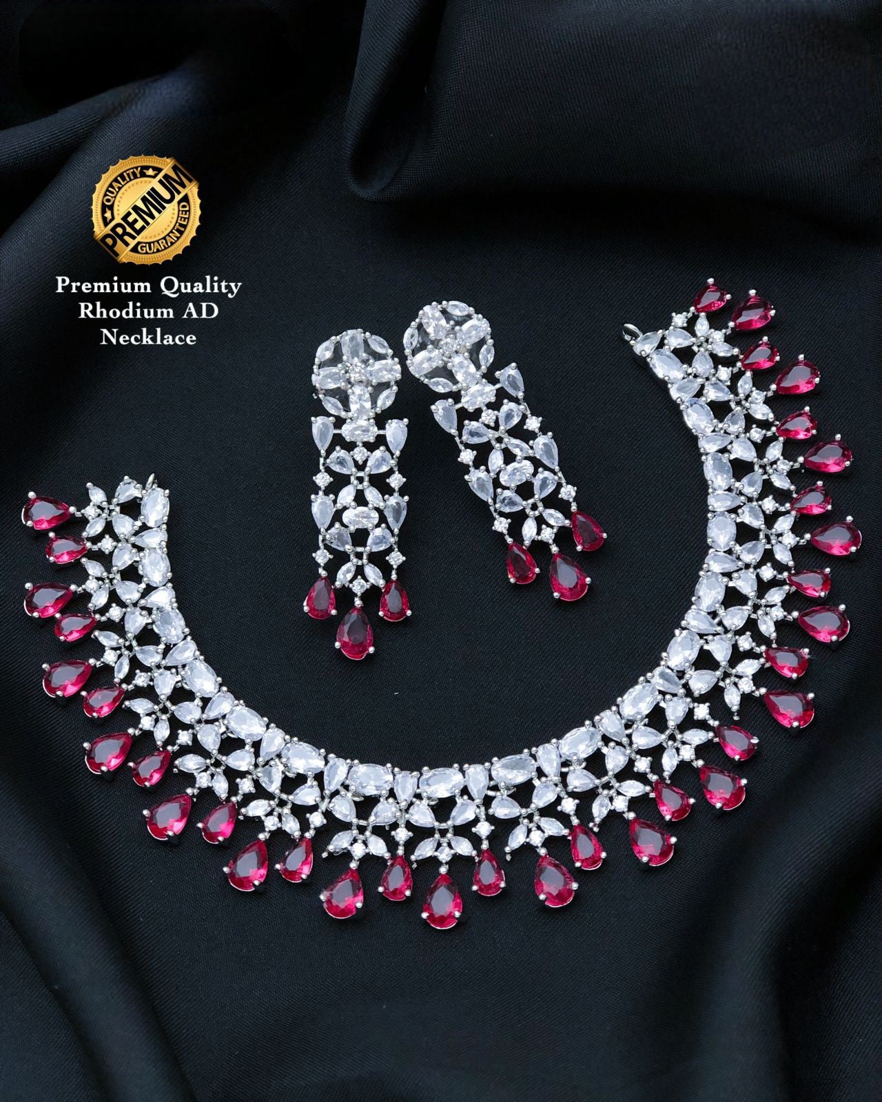 Rhodium Polish CZ American Diamond Pink Necklace, Wedding Choker party wear Statement Necklace, Bollywood Necklace