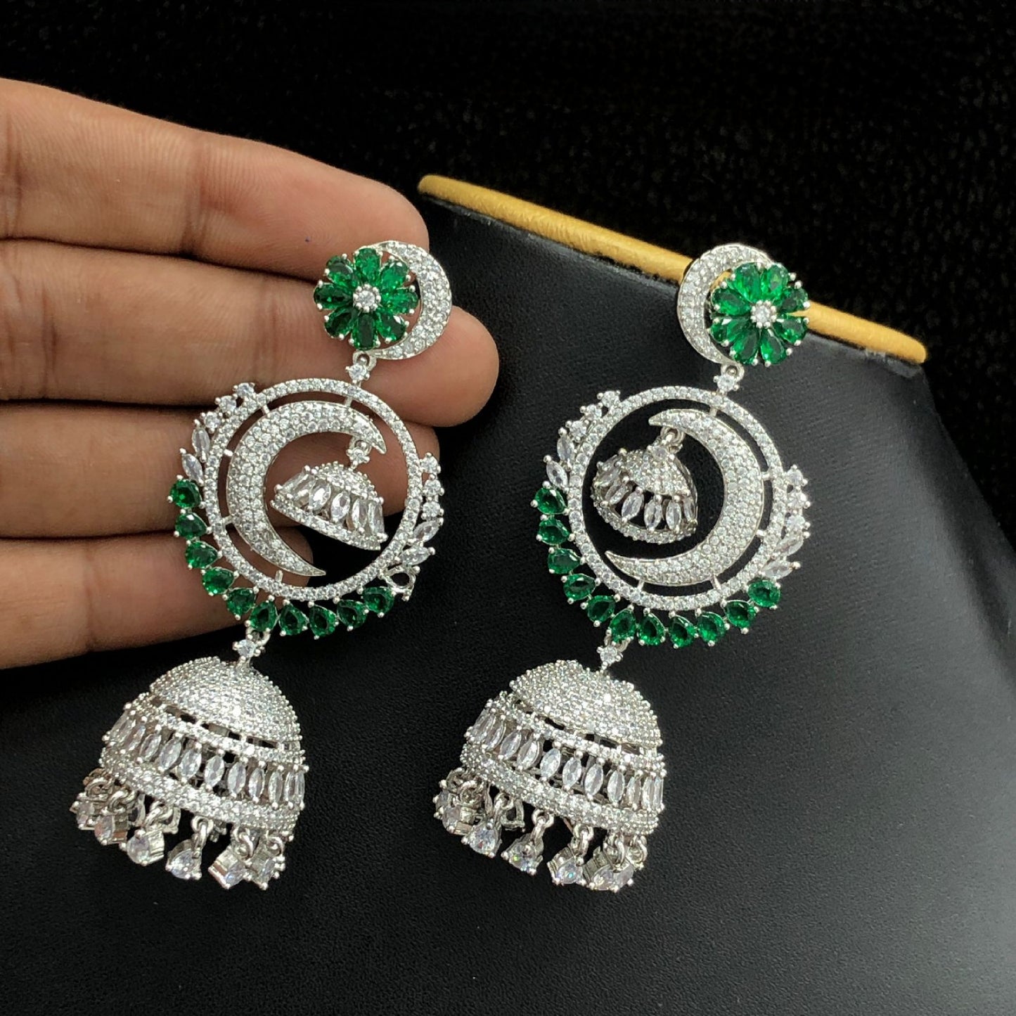 Silver Polish American Diamond Long Chandbali Jhumka, Crescent moon earrings dangle, Indian Wedding Earrings
