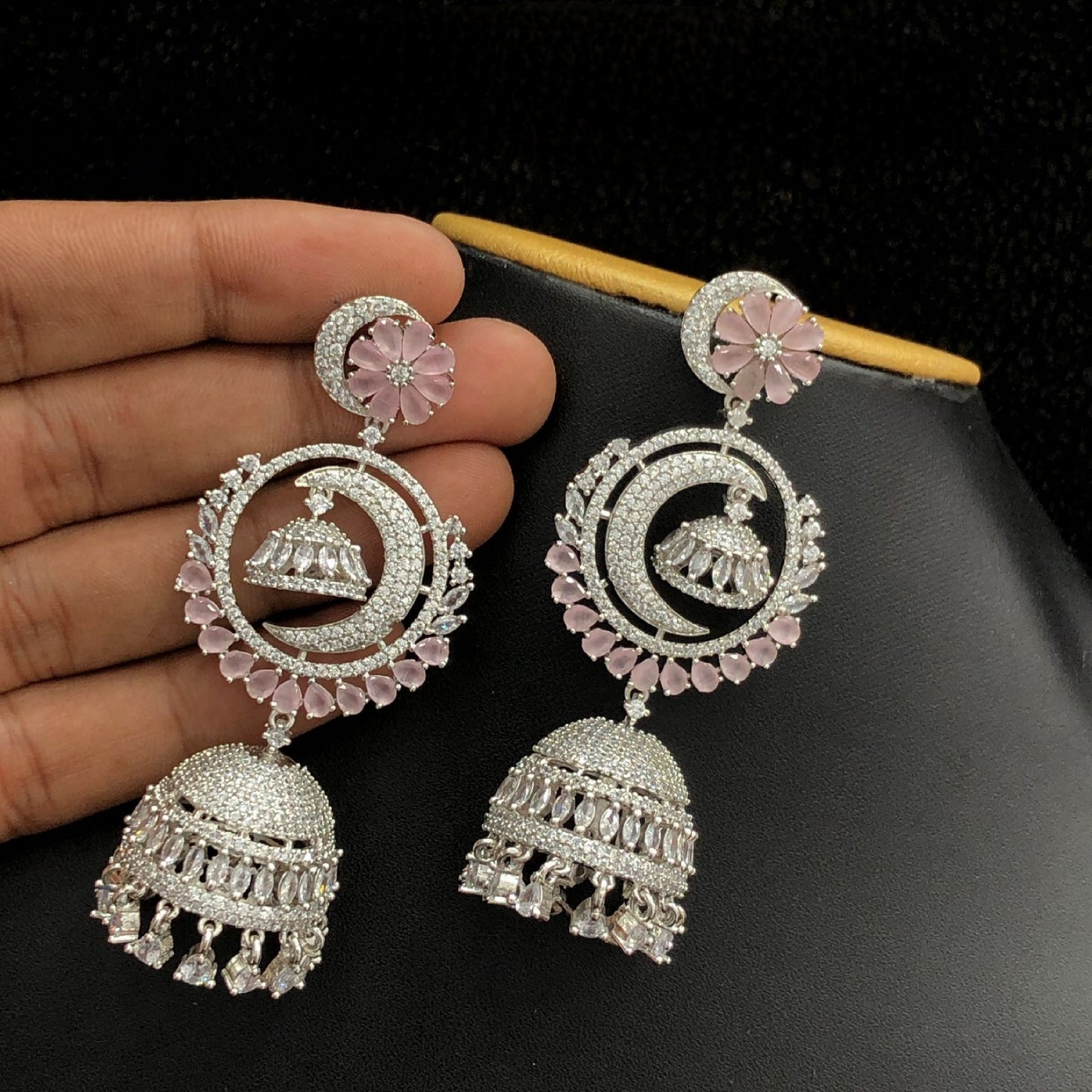 Silver Polish American Diamond Long Chandbali Jhumka, Crescent moon earrings dangle, Indian Wedding Earrings