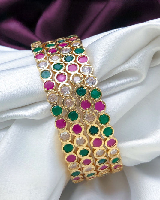 One Gram Gold Plated Bridal bangles 4-Piece, CZ American Diamond Ruby, emerald and white Stones, South Indian Bangles