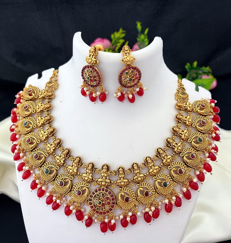 Antique gold Kemp choker South Indian Temple Jewelry Lakshmi Lakshmi set, Guttapusalu Necklace, Indian Bridal jewelry