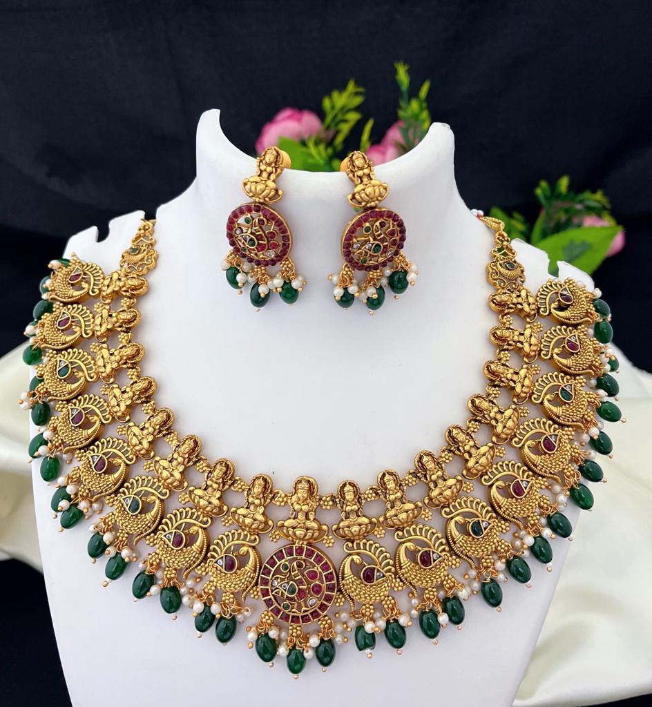 Antique gold Kemp choker South Indian Temple Jewelry Lakshmi Lakshmi set, Guttapusalu Necklace, Indian Bridal jewelry