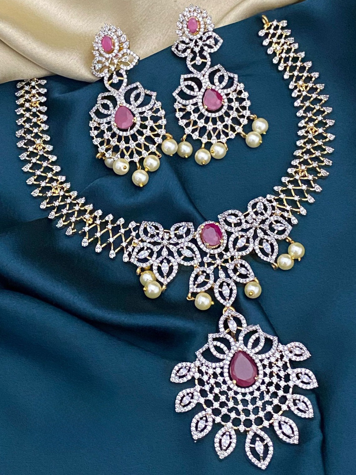 GJ polish American Diamond Wedding necklace, Statement Necklace, Ruby Emerald Necklace
