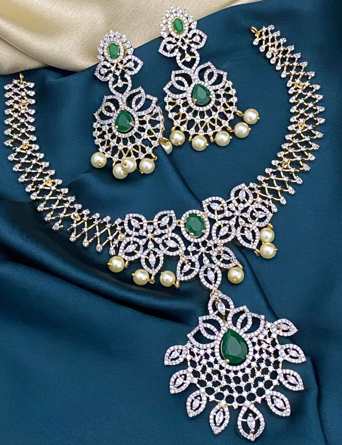 GJ polish American Diamond Wedding necklace, Statement Necklace, Ruby Emerald Necklace