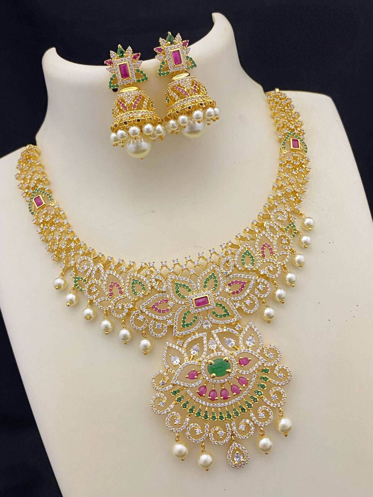 Beautiful American Diamond Necklace set with Jhumka Earrings