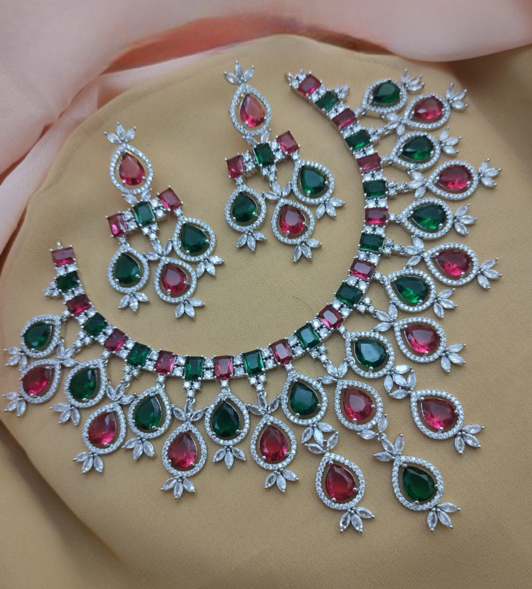 Ruby And Emerald Green Silver American Diamond Necklace Earring set|Indian CZ stones Necklace|Pakistani Bridal Jewelry|Gift for her