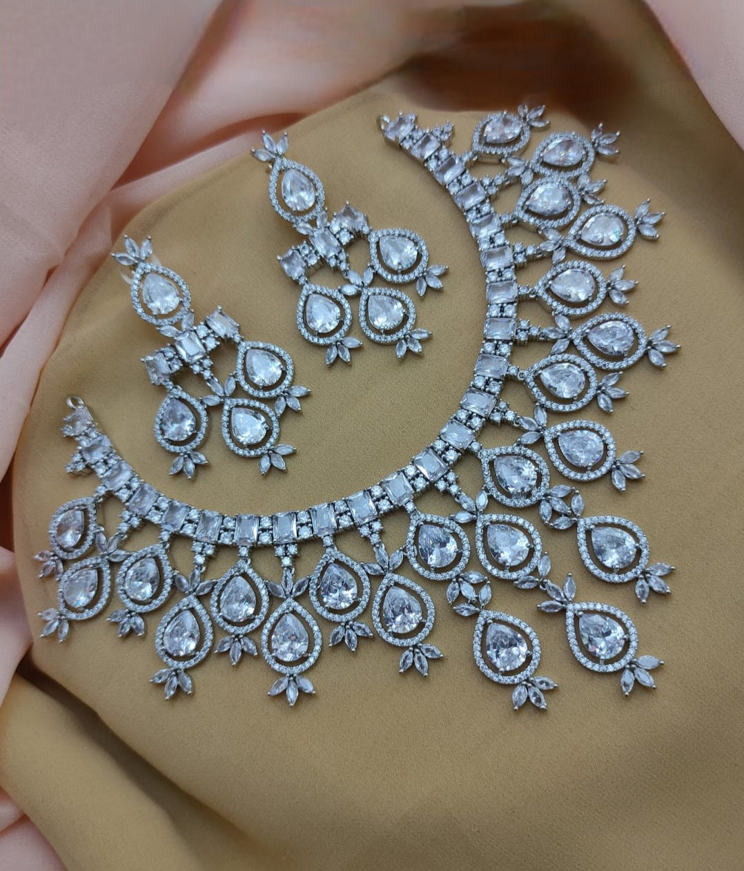 Silver American Diamond Necklace with White CZ Tear Drop stones|Indian Jewelry|Pakistani Wedding choker|Bollywood fashion|Punjabi Wedding jewelry|Indian Bride USA