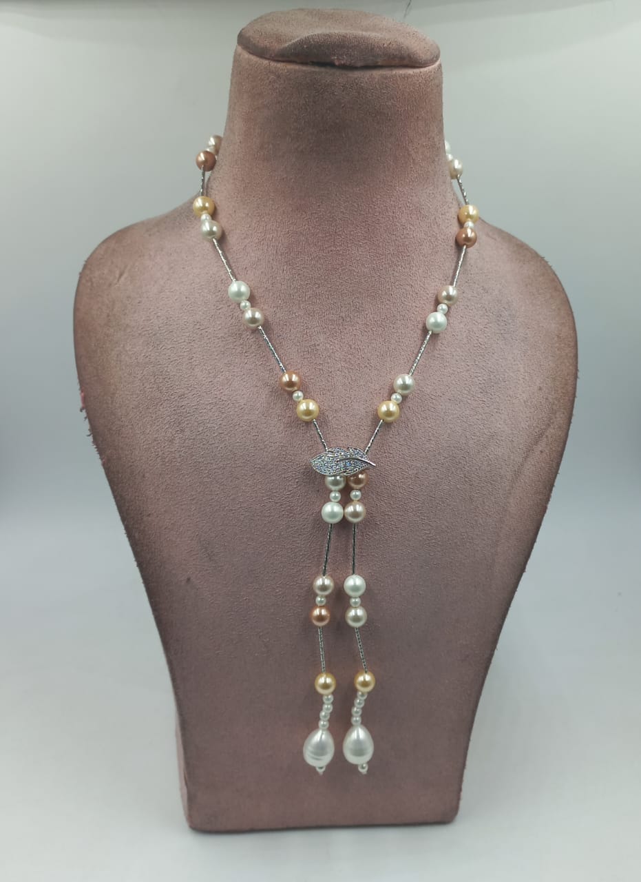 Elegant Baroque Pearl Lariat Necklace, Multicolor Shell pearls Elegant Necklace |Silver tone Color Shell Pearl Lariat Jewelry|Gift for Women