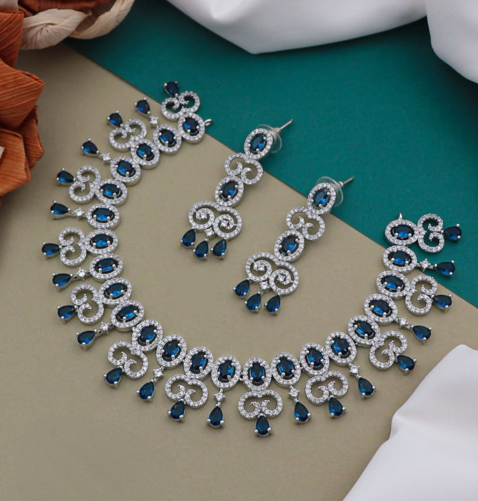 Rhodium Tone American Diamond Jewelry | CZ Crystal choker Necklace for Wedding | Indian Silver tone jewelry | Indian Bridal Necklace