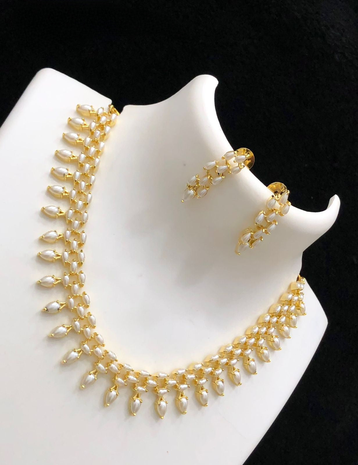 Gold Plated simple Daily wear American Diamond Pearl Choker necklace Earring set, Pearl and Crystal choker, South Indian Jewelry Gold choker