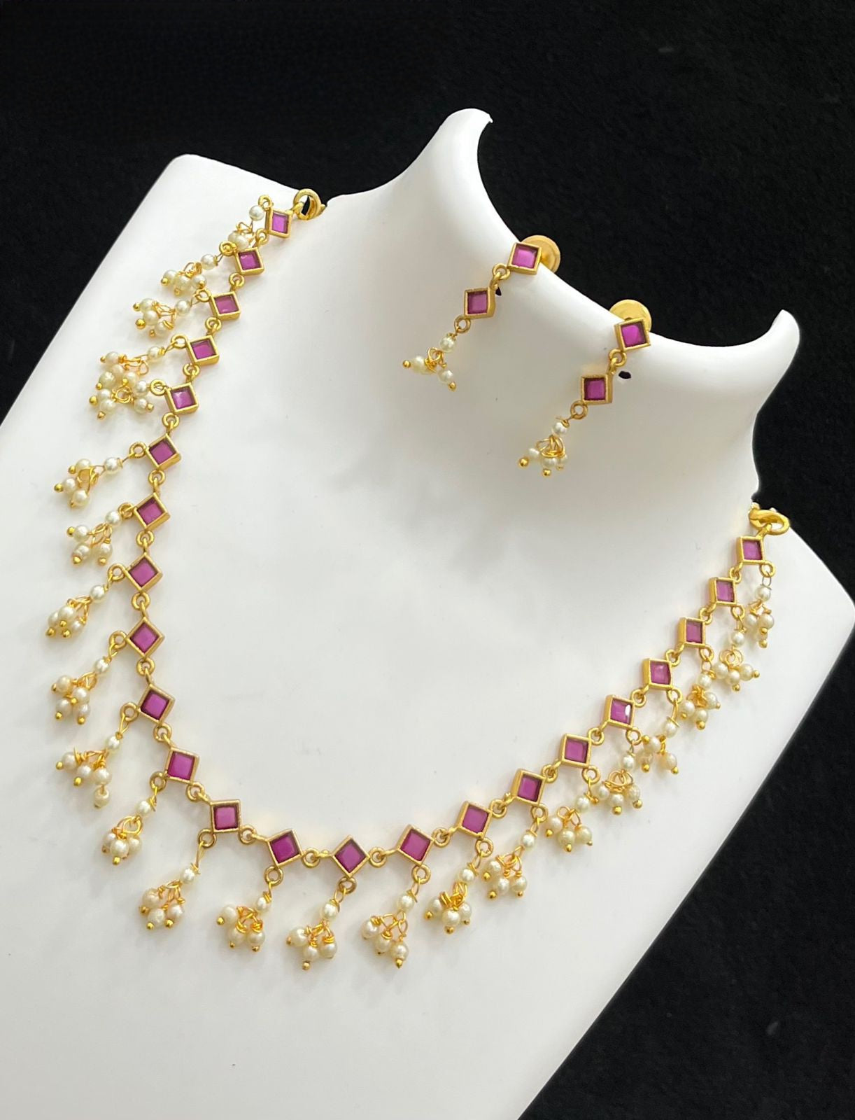 22k Gold plated simple light weight ruby emerald and white stones and tiny pearl drops