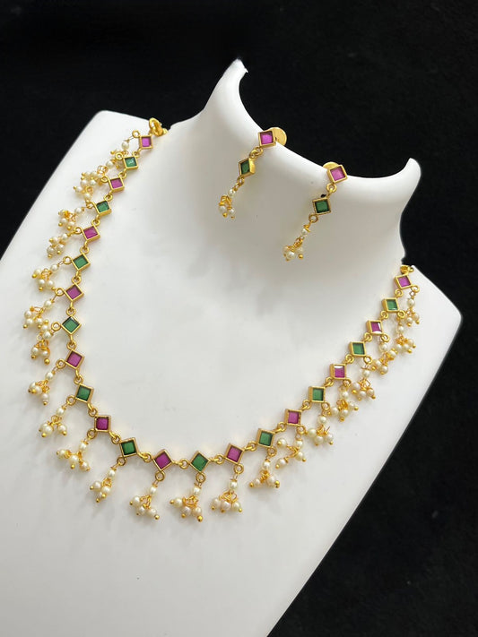 22k Gold plated simple light weight ruby emerald and white stones and tiny pearl drops