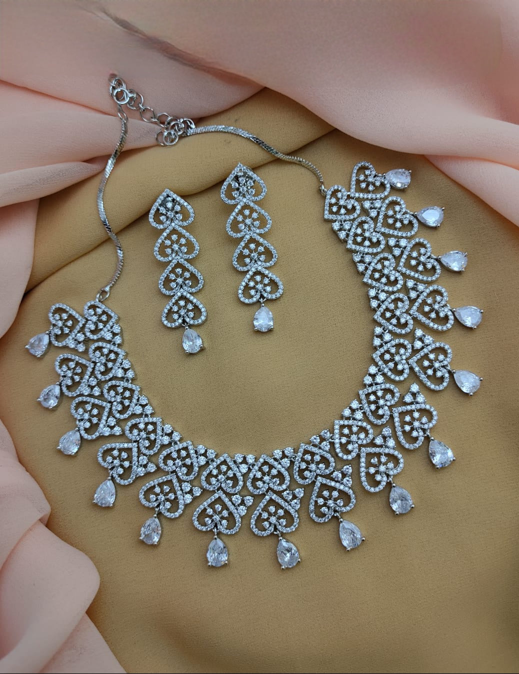 Statement American Diamond silver necklace, Indian Wedding Jewelry, Pakistani choker, CZ Diamond set with Tear drop Blue sapphire AD stones
