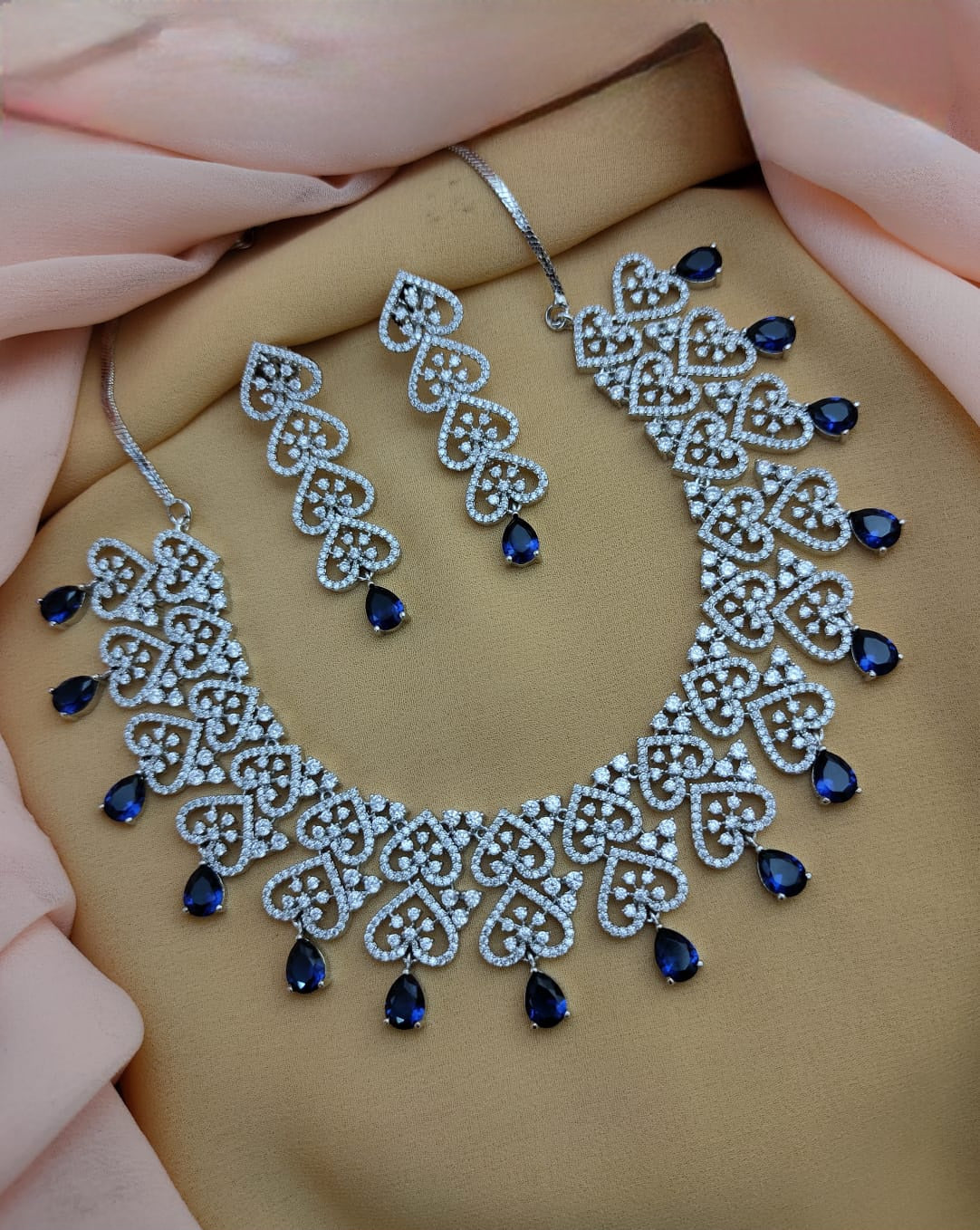 Statement American Diamond silver necklace, Indian Wedding Jewelry, Pakistani choker, CZ Diamond set with Tear drop Blue sapphire AD stones