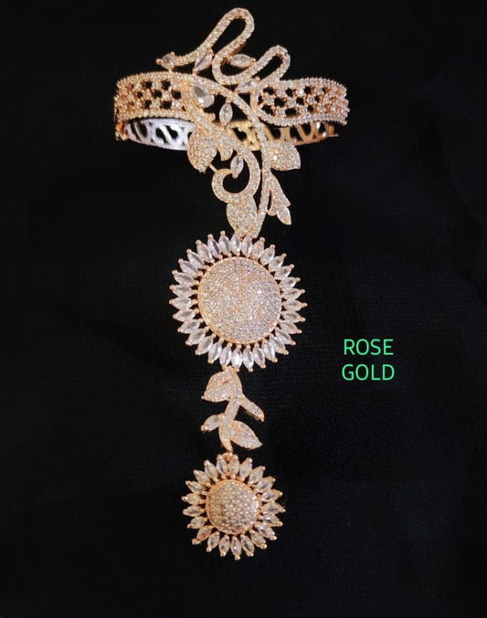 2.6 Size Rose Gold American Diamond Bridal Hath Panja, Pakistani Style Hath Phool, Bangle style ring bracelet combo
