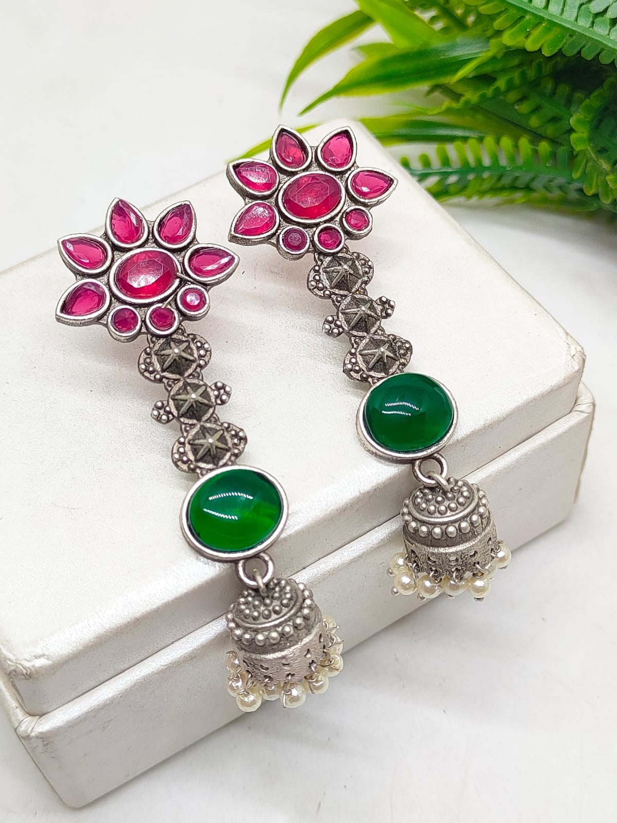 Silver Oxidized Jhumka Earrings with faux pearl drops, Bollywood fashion floral Earrings, Pink and green stones drop earrings