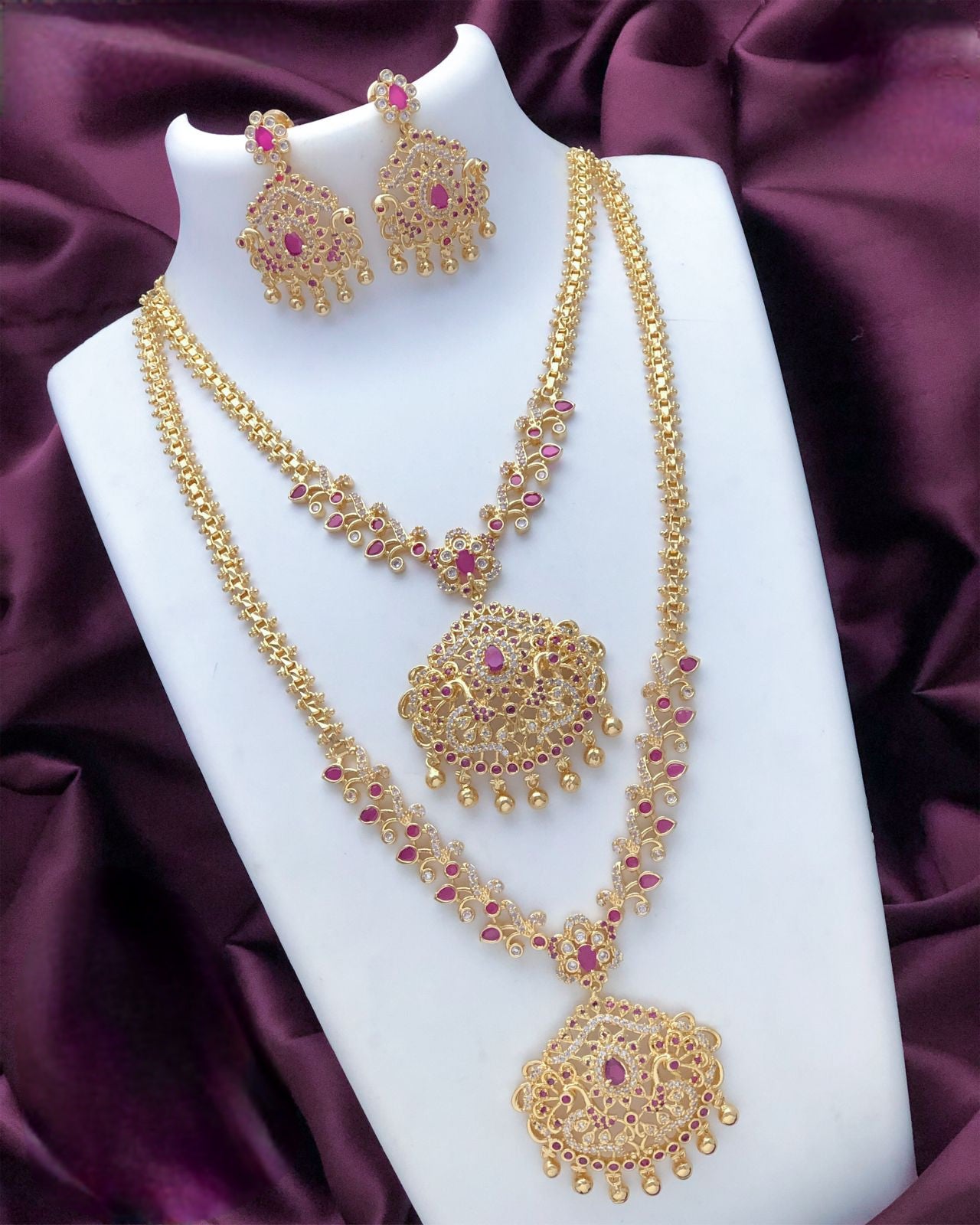 Gold plated American Diamond CZ Ad Haram Long short necklace combo, South Indian Jewelry set, Bollywood fashion Necklace