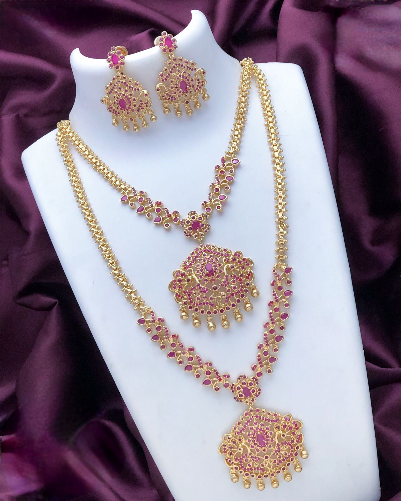 Gold plated American Diamond CZ Ad Haram Long short necklace combo, South Indian Jewelry set, Bollywood fashion Necklace