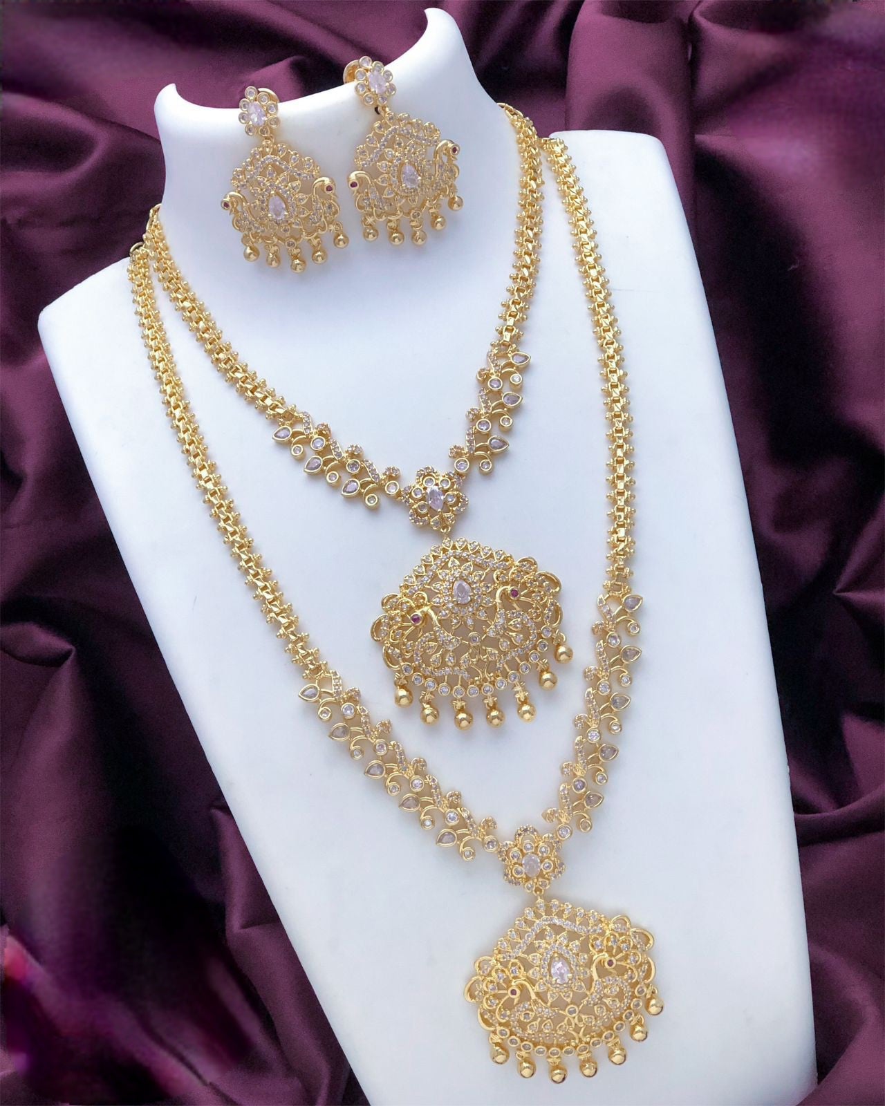 Gold plated American Diamond CZ Ad Haram Long short necklace combo, South Indian Jewelry set, Bollywood fashion Necklace